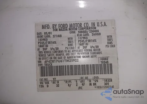 2001 Mazda B3000 Se z USA, uszkodzony, nr VIN 4F4ZR17U61TM25922